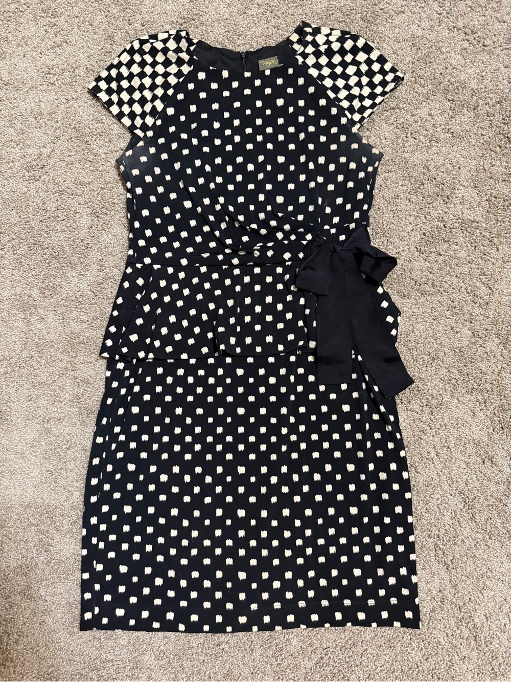 Taylor Black and White Polka Square Peplum Midi Dress with Waist Tie